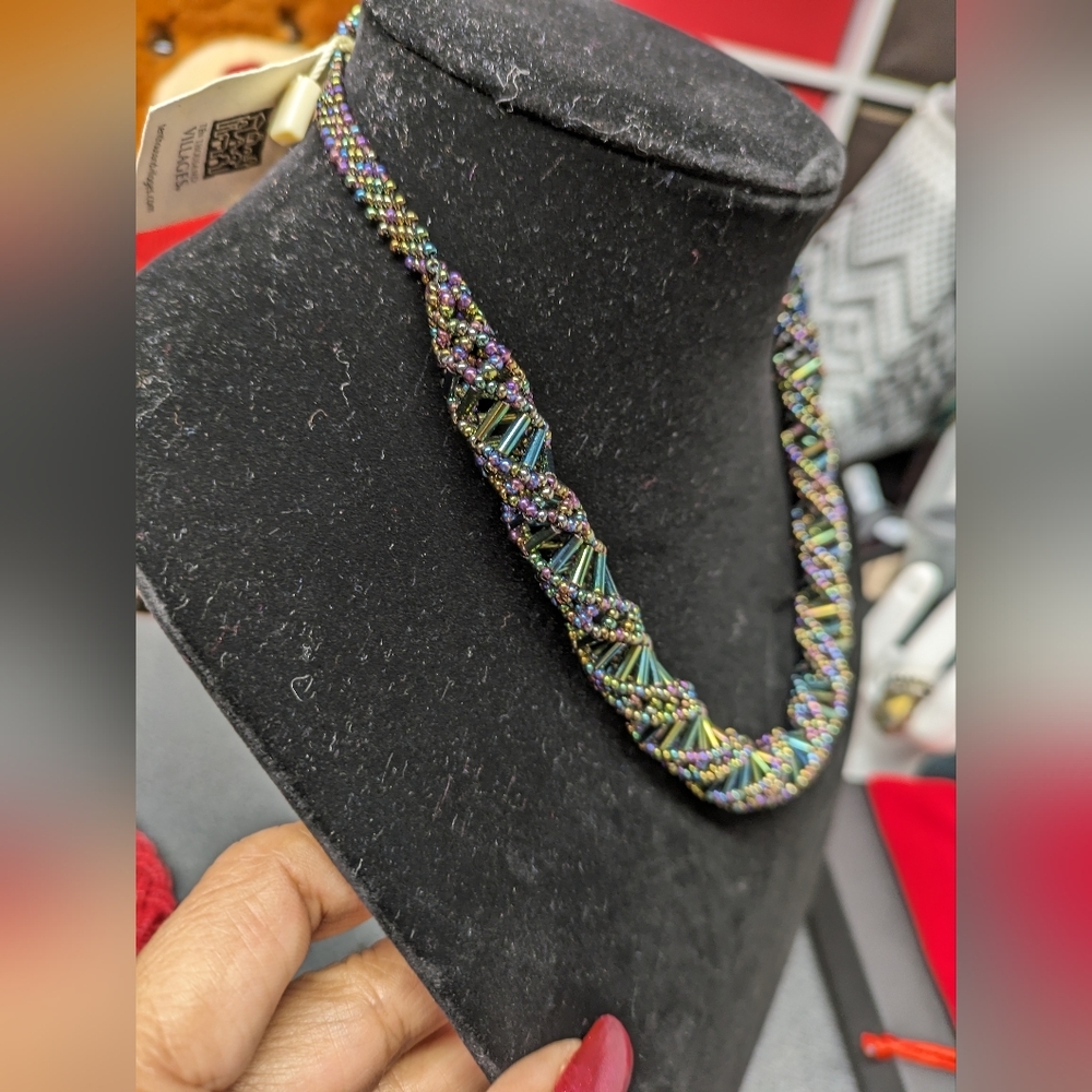 Green Iridescent Beaded DNA Helix Necklace 24 Inches